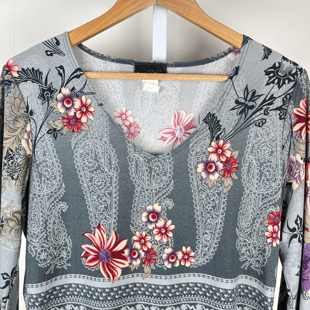 Vintage Y2K Brittany Black Top Floral Paisley Gray Pink Soft Womens Medium‎